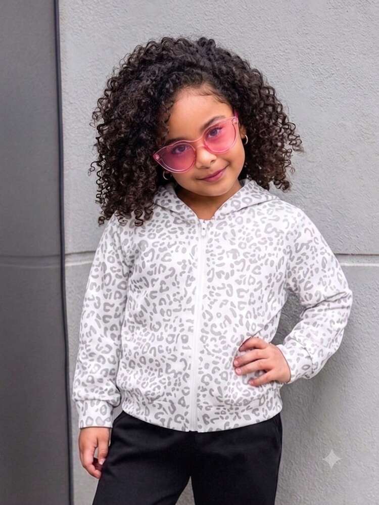Elladie kids Girls Casual Princess White Leopard Print Hooded Sweatshirt Jacket, Y2K Style, Streetwear, Retro, Back To School, Autumn/Winter, Campus, Hip Hop, Top - Grey - View 3