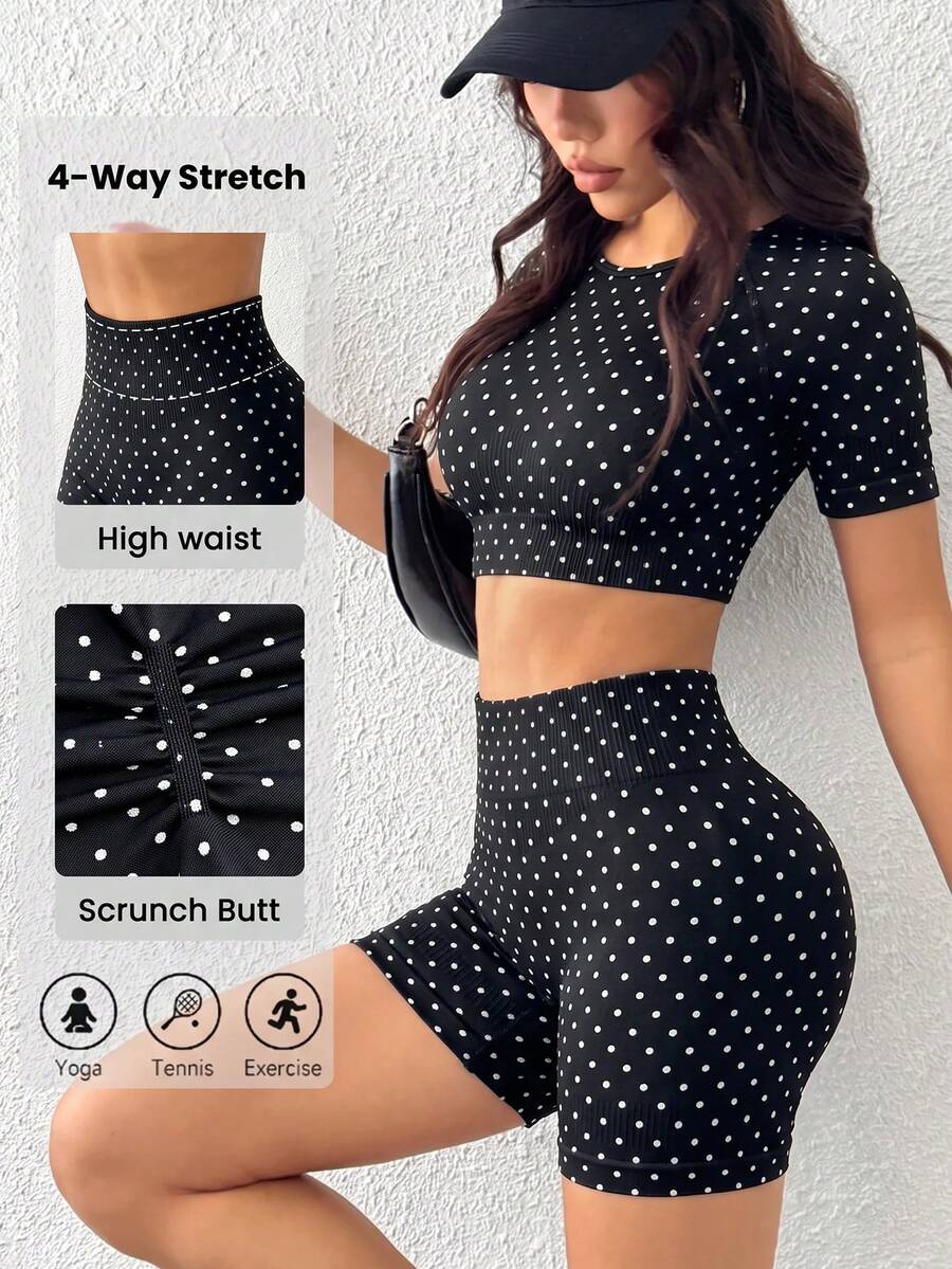 SHEIN Dewbera Polka Dot Print Cropped Top & Shorts Seamless Women's Sports Set - Black and White - View 1