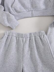 Tween 女童 3 件套休闲秋冬运动服套装：灰色针织连帽长袖运动衫、直筒运动裤、加厚羊毛 - 灰色 - 查看 3