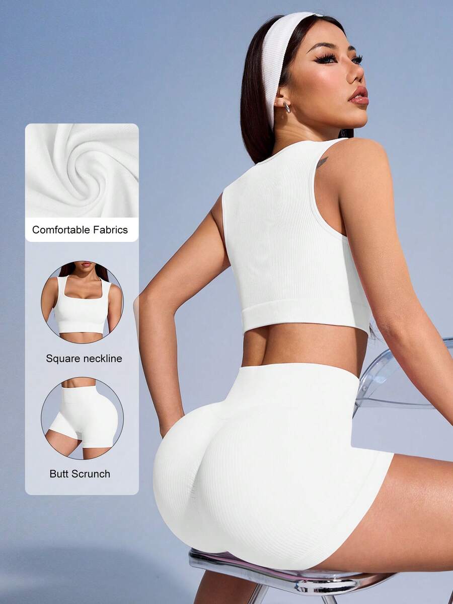 SHEIN Sovereign Charm Women Solid Color Ribbed Sports Vest And Shorts Set