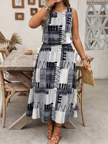 EMERY ROSE Plus Size Women's All-Over Print Casual Daily Summer Dress - Black - View 3