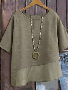 Linhara Spring/Summer Fashion Casual Resort Wear Simple Plus Size Crew Neck Solid Color Women's Shirt Plus Size Women's Beach Top - Brown - View 4