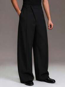 PAVTROS Men's Fashion Versatile Commute Solid Color Wide Leg Pants - Black - View 1
