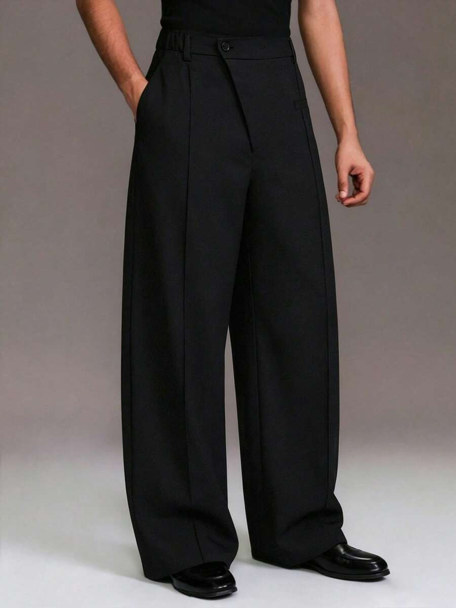 PAVTROS Men's Fashion Versatile Commute Solid Color Wide Leg Pants - Black - View 1