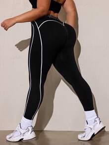 SHEIN Rhythm Era Women's Plus Size Letter Waistband Casual Sports Leggings - Black - View 2
