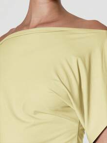 MUSERA Boatneck Batwing Sleeve Fitted Waist Extreme Cropped Top - Light Yellow - View 6