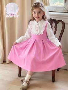 SHEIN 女童拼接荷葉邊鈕扣設計百褶下擺可愛公主裙 開學季 7歲生日 1歲生日 校園穿搭 白色粉色 秋季 - 彩色 - 查看 5