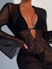 Swim Vcay Cover up unicolor de malla transparente - Negro - Ver 4