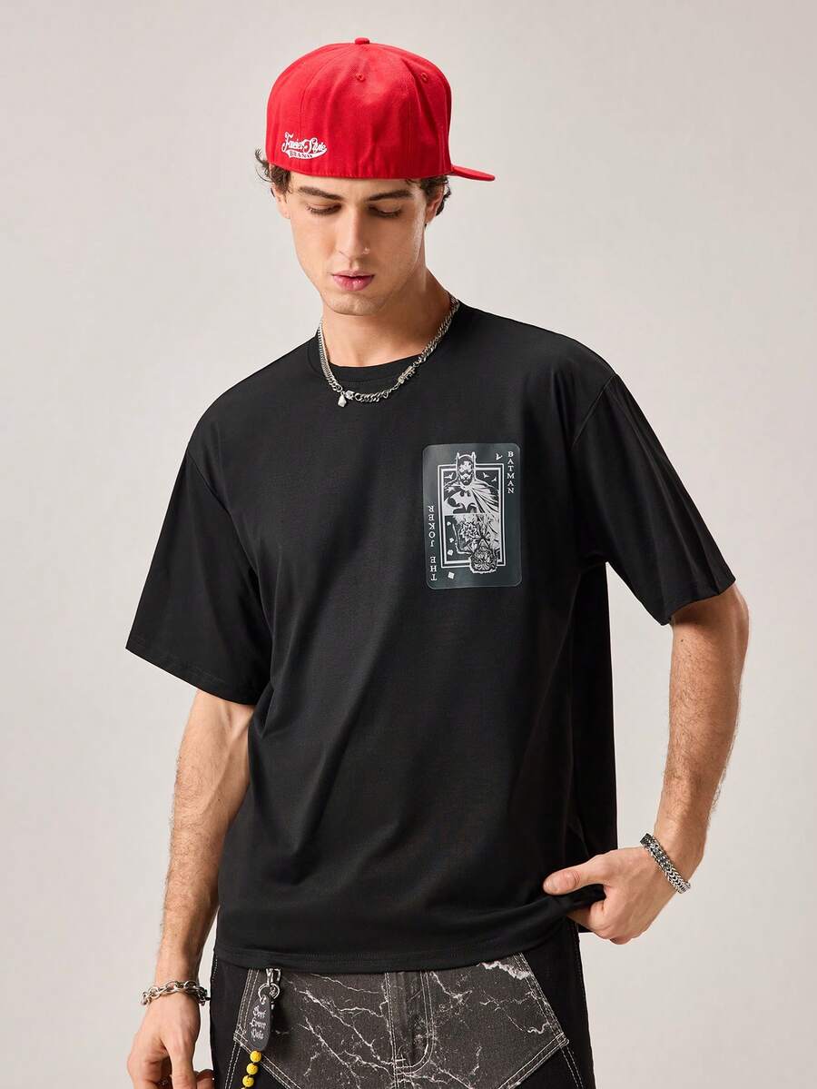 Strevion BATMAN Kaos Lengan Pendek Gaya Jalanan Kasual Serbaguna untuk Pria di Musim Panas dengan Motif Seri IP "" - Hitam - View 1