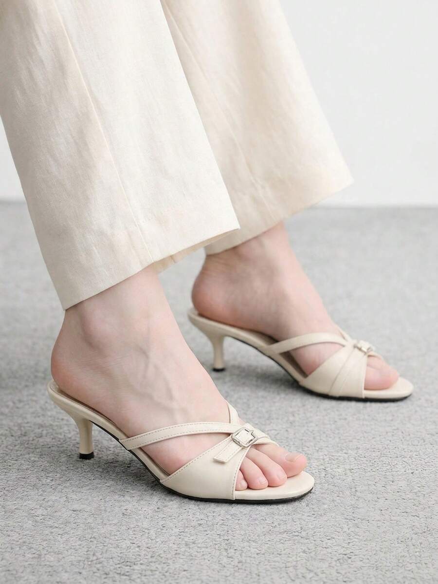 CUCCOO BIZCHIC French Style Elegant Commuter Comfortable Versatile Short Heel Round Toe Button Kitten And Lady Open Toe Cold Slippers - Cream White - View 1