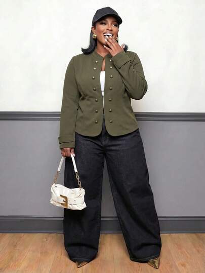 Slaydiva Early Autumn New Arrival: Elegant Solid Army Green Metal Buckle Long Sleeve Knit Textured Fabric Women's Plus Size Jacket. Suitable For Weddings, Graduation Ceremonies, Friends Gatherings, Shopping, Elegant Parties, Dates, Cocktail Parties, Birthday Parties, Afternoon Tea, Brunch, Airport Outfits, Holidays, Girls' Get-Togethers And Various Occasions.
