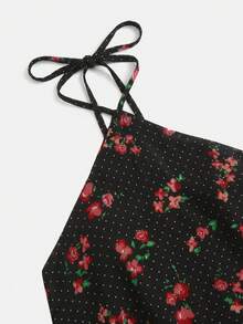 lacRébo 黑色與紅色花卉波點鬆身A字迷你洋裝，掛脖設計夏季度假時尚洋裝 - 黑色 - 查看 8