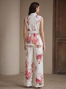 Anewsta Elegant Urban Chic Vintage Floral & Striped Print Lapel Sleeveless Vest With Belt + High-Waisted Draping Long Suit Pants, Women's Suit Set - Multicolor - View 8
