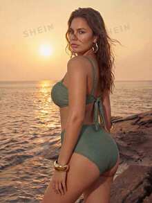 Swim Chiccia Sage Green Summer Elegant Beach Vacation Holiday Women Chiccia 2-Piece Bikini Set,Solid Color Textured Side Ruched Deep V-Neck Plus Size Swimwear - Green - View 3
