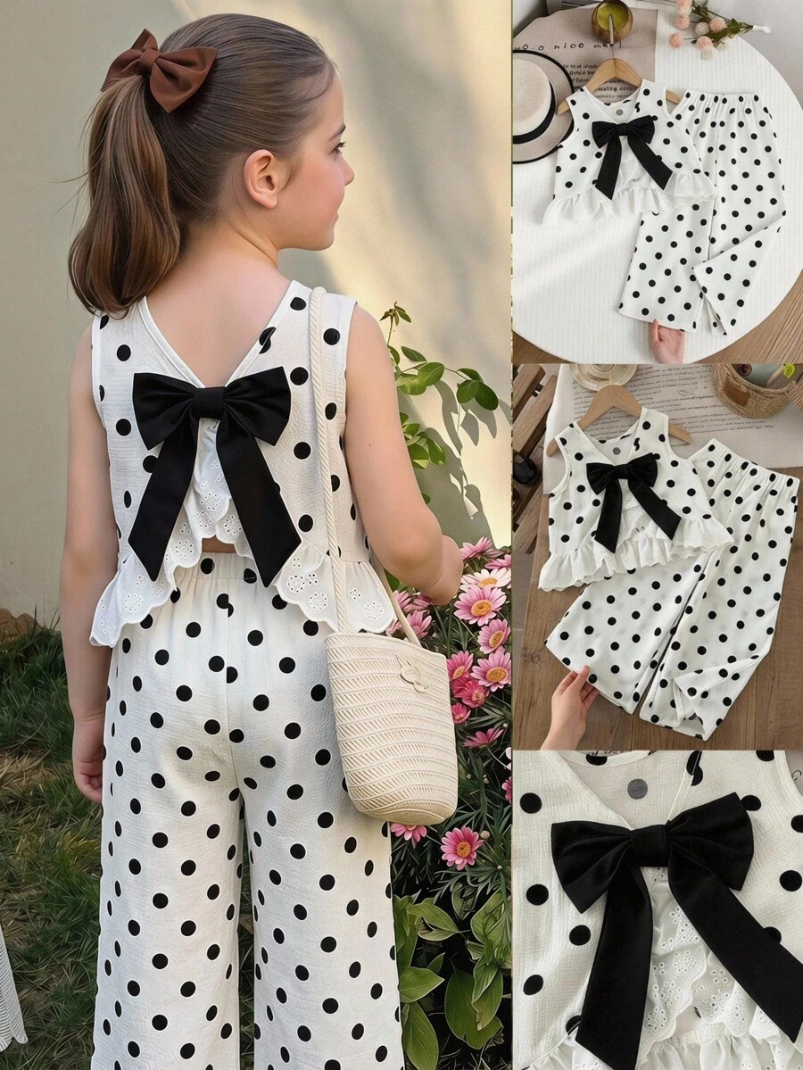 Emery Rose Kids Emery Rose Kids Young Girl Dotty 小女孩甜美背心套裝 - 黑與白 - 查看 1