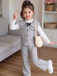 跨境少女 4-7 歲學院風網紗波點刺繡翻領針織羅紋鈕扣背心開襟衫 + 柔軟長袖套頭 T 恤 + 鬆緊腰寬腿長褲 3 件套，適合校園日常、生日派對與外出拍照休閒風穿搭，春/秋季 - 灰色 - 查看 10
