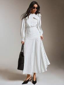 COSMINA Women's Casual French Modest Elegant And White Tie Decor Long Sleeve Dress, Office Tea Party Commute Outfit Teachers' Day Autumn Striped Dress - Black and White - View 4