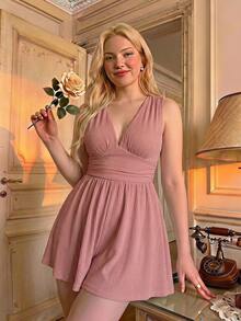 SHEIN MOD Plus Size Women's Pink V-Neck Ruched Waist Short Jumpsuit - Dusty Pink - View 4