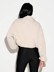 KIZN Oversized Button Detail Funnel Neck Lightweight Jacket With Balloon Sleeves And Elasticated Cuffs Fall Outerwear - Khaki - View 5