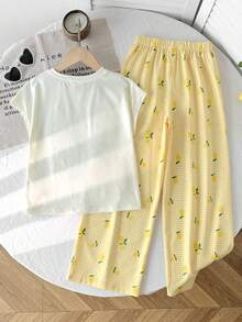 SHEIN Tween女孩2件套休閒寬鬆露肩短袖圓領檸檬刺繡紋理針織T恤與黃白拼接清新檸檬印花寬腿直筒長褲套裝 - 黃色 - 查看 2
