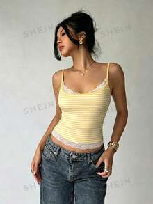 Aloruh Women's Sexy Y2K Lace Patchwork Striped Camisole - Yellow - View 7