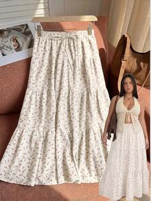 Comfortcana Plus Size Women's Vacation Waist Tie Ruffle Hem Casual Skirt - Apricot - View 6