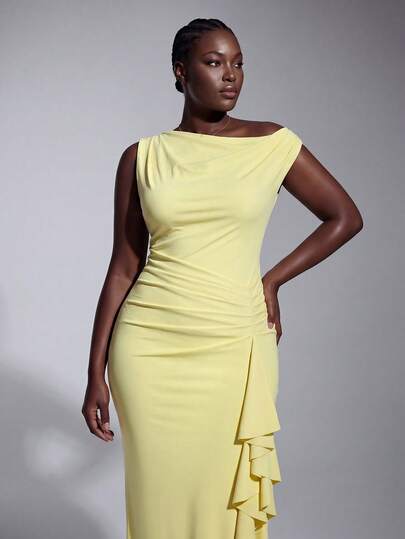 Elitara Plus Size Elegant Minimalist Pale Yellow Elastic Knit Asymmetric Pleated Drop Shoulder Ruffle Hem Slit Slimming Bodycon Straight Long Dress Suitable For Vacation Wedding Party Bridesmaid Birthday Gathering Formal Evening Gown