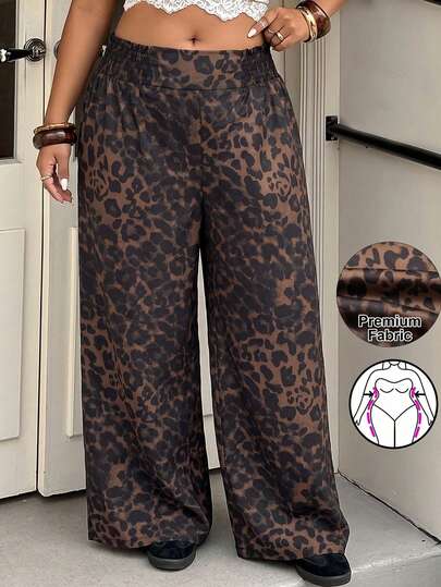 Muchica Plus Size Women's Leopard Print Shirred Waist Wide Leg Long Pants Fall
