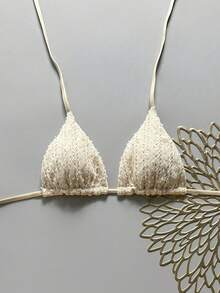 Swim Mod Summer Vacation Random Print Gold Shell Decor Halter Triangle Cup Bra Sexy One-Piece Swimwear Top - Apricot - View 5