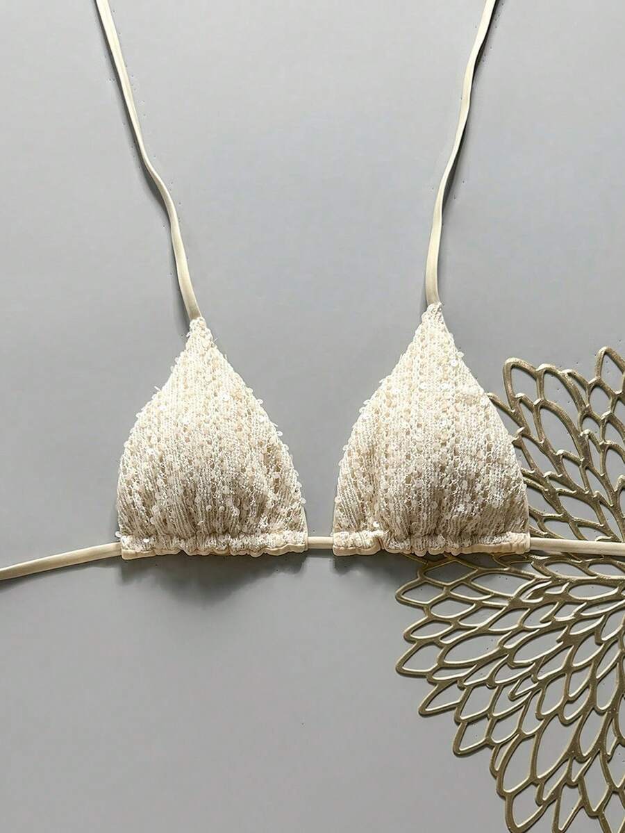 Swim Mod Summer Vacation Random Print Gold Shell Decor Halter Triangle Cup Bra Sexy One-Piece Swimwear Top - Apricot - View 1