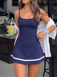 Dewbera Dewbera Adjustable Strap Contrast Stripe Hem Tankini Set With Shorts, Sporty & Casual Dress For Spring/Summer - Navy Blue - View 5