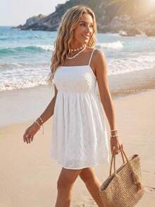 SHEIN LUNE Plus Size Women's Hollow Embroidery Casual Boho Strappy Vacation Dress Beach Allover White Summer - White - View 1