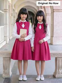 Young Girls Casual Turn-Down Collar Long Sleeve Shirt Fuchsia Suspender Waist-Cinching Dress 2-Piece Set Back To School Children's Autumn Outfit - White - View 3