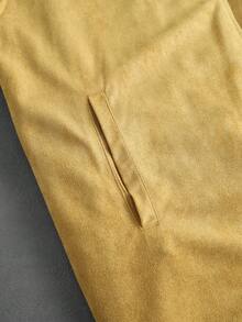 ROMWE MEN Men's Loose Suede Short Sleeve Shirt - Khaki - View 4