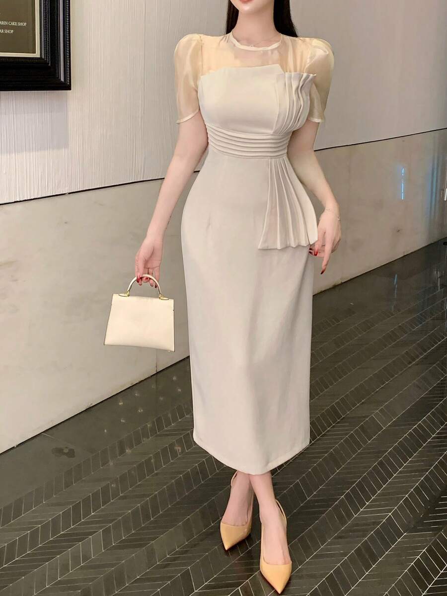 DAZY Gaun Pesta Teh Musim Panas Elegan Warna Beige untuk Wanita, Panjang Sedang, Gaun Tamu Pernikahan dengan Patchwork Jaring & Lengan Puff Berkerut, Gaun Prom Tanpa Bahu - Krem - View 1