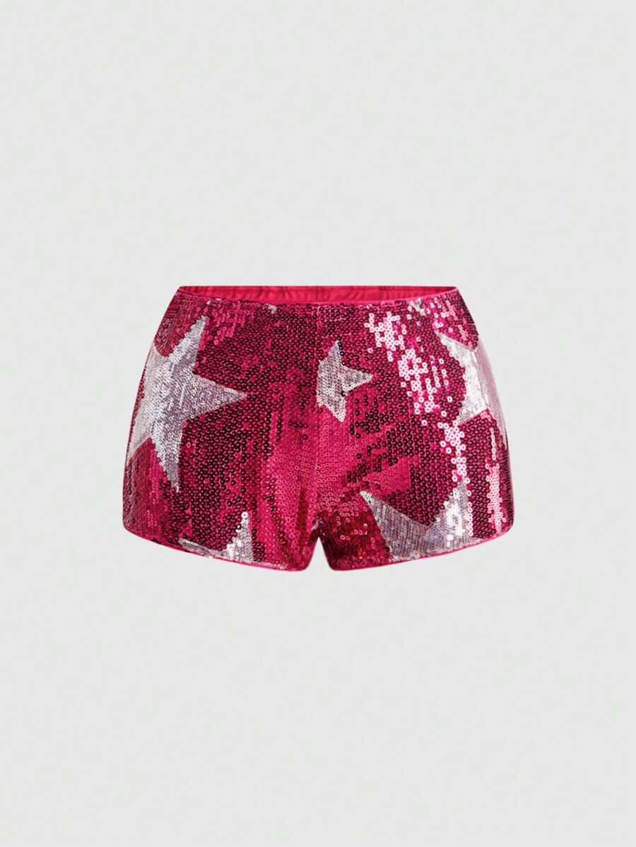 ROMWE Avant Women's Starry Sequin Decorated Ultra Low Waist Mini Shorts, Suitable For Music Festivals, Banquets, Concerts, Parties, Daily Wear And More Occasions - Hot Pink - View 1