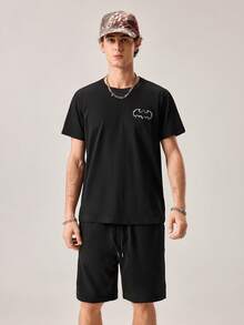 Strevion Men's Summer Fashion Batman Smoke Pattern Graphic Print Short Sleeve T-Shirt And Shorts 2-Piece Casual Everyday Set - Black - View 3