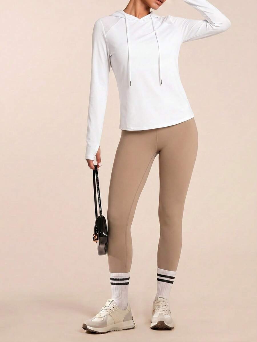 SHEIN BAE Sweatshirt Olahraga Kasual Lengan Panjang Warna Putih Polos dengan Tudung, Musim Semi/Gugur - Putih - View 1