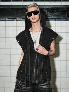ROMWE MEN Grunge Punk Men's Batwing Sleeve Eyelet Zipper Placket Hooded Denim Vest - Black - View 6