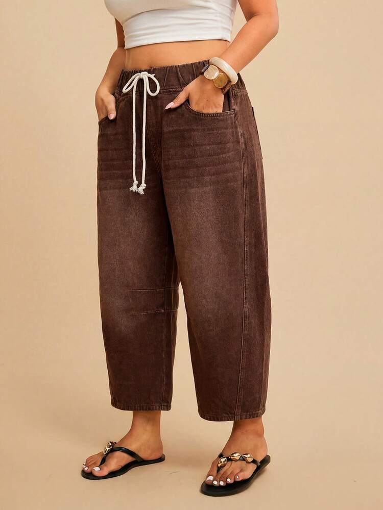 Travachic Plus Size Women's Drawstring Waist Pocket Casual Everyday Denim Jeans Fall/Winter Elegant Vacation Formal Business Cowgirl Festival Ceremony - Brown - View 6