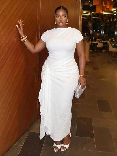 Slaydiva New Spring/Summer Style. Elegant For Parties, Dates, Gatherings, Evening Events, Formal Wear, Weddings, Graduations, Back-To-School Seasons, Ceremonies, Cocktail Parties, Birthday Parties, Girls' Night Out, And Other Occasions. Slim Fit, Solid White, Lightweight Semi-Sheer Stretch Knit Fabric, Boat Neck, Cap Sleeves, Positioned Ruching, High Slit. Plus Size Long Dress - A.