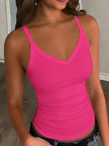 Slaydiva 2026 Primavera/Verano Nueva Llegada Casual Básico Versátil Blanco Sólido Acanalado Cuello en V Espalda de Corredor Fruncido - Rosa Fucsia - Ver 3