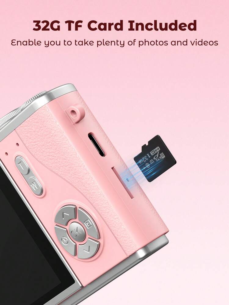 Teckwe 4K Digital Camera, CCD Camera, Vlogging Camera For Vieo, Auto Focus 48MP Face Detection, Flip Screen, 8X Digital Zoom, Point & Shoot Camera, Gift For Beginners, Travel, Family Christmas Halloween - Pink - View 3
