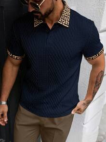 EGENSIO Camisa polo de hombre de punto jacquard de unicolor con textura y cuello y puños acanalados - Azul Marino - Ver 1