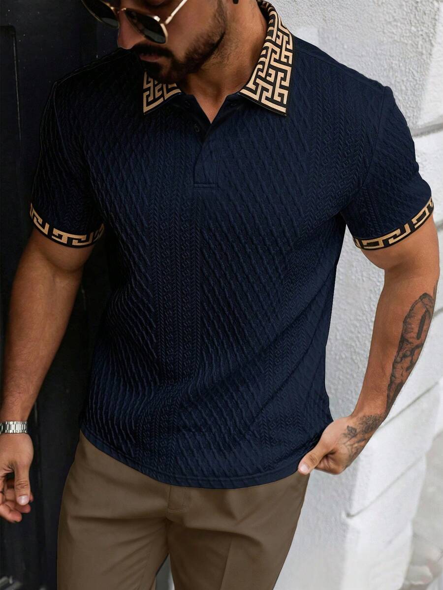 EGENSIO Camisa polo de hombre de punto jacquard de unicolor con textura y cuello y puños acanalados - Azul Marino - Ver 1