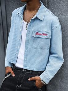 STEELVANCE Men's Streetwear Casual Embroidered Vertical Striped Blue Cargo Denim Shirt - Light Wash - View 6