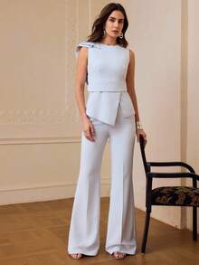 ZEYLAH Women's Solid Color Sleeveless Top And Flare Pants Casual Daily 2 Pieces Set - Dusty Blue - View 6