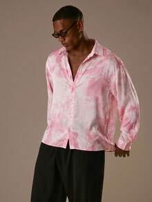 Musero Camisa de manga larga holgada con botones para hombre, bordado de marca, bolsillo delantero con parche / Primavera&Verano - Rosa - Ver 4