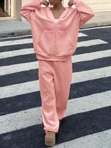 SHEIN Tween女孩休閒夏威夷風保守老錢風純色拉鍊連帽衛衣褲套裝，適合職業日、夜校、茶會、度假，珊瑚色夏季款 - 粉色 - 查看 1