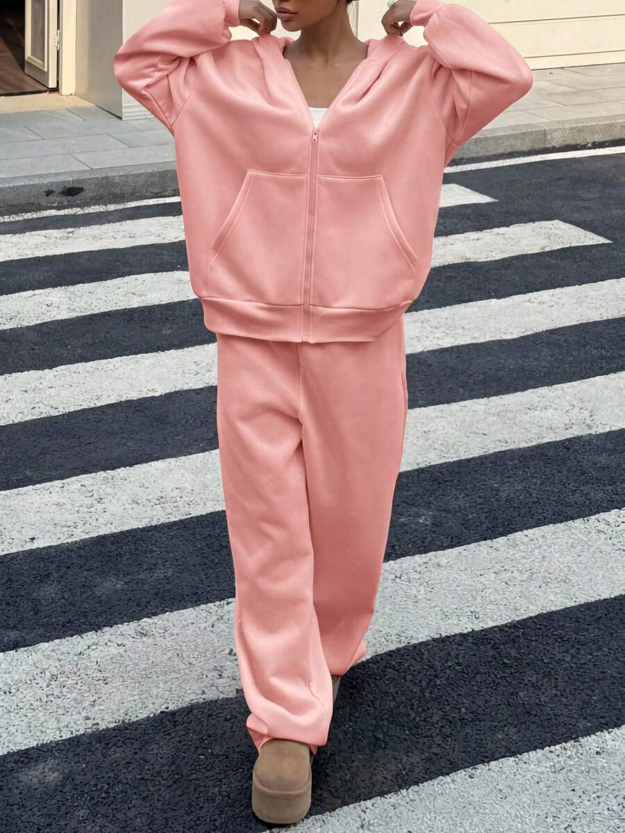 SHEIN Tween女孩休閒夏威夷風保守老錢風純色拉鍊連帽衛衣褲套裝,適合職業日、夜校、茶會、度假,珊瑚色夏季款 - 粉色 - 查看 1